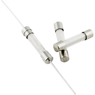 Three glass tube fuses with metal caps and long wire connections, lying side by side on a white background.