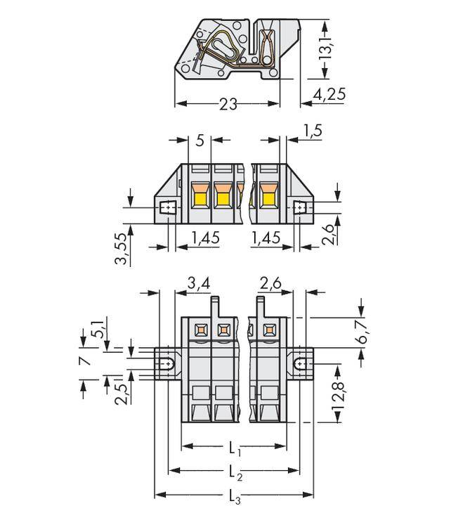 Technical drawing of an electrical connector. Shows various views with dimensions in millimetres.