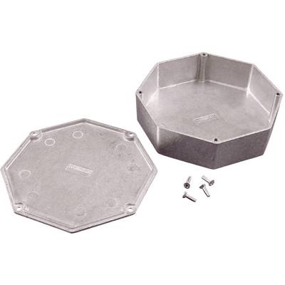 Metal octagonal junction box with lid and four screws, shown on a surface.