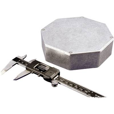 A silver calliper lies beside an octagonal metal container on a white background. The container appears solid and robust.