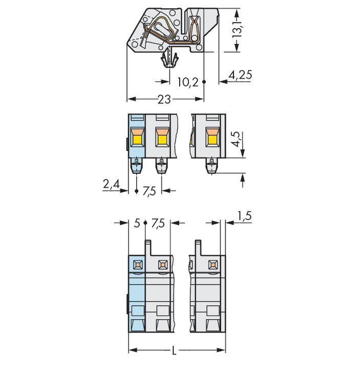 Technical drawing of an electrical component with dimensions in mm: 23 x 4.25 x 10.2. Shows front and side view of the component.
