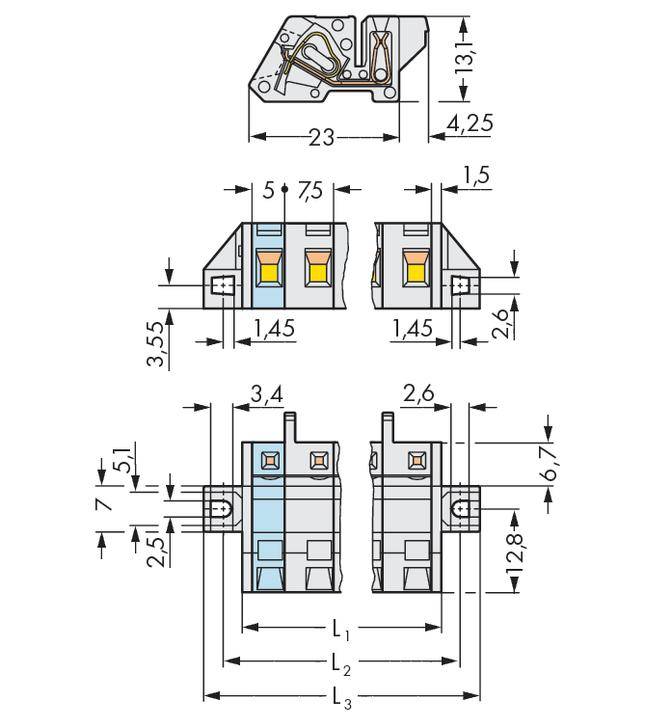 Technical drawing of an electrical switch with dimensions and connections in millimetres. Various views and measurement data provided.