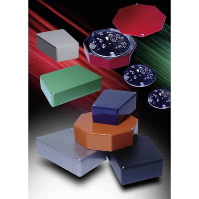Colourful electronic enclosures and circuit boards on a dark background. Various shapes and colours illustrate product diversity.
