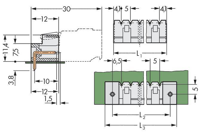 Technical drawing showing the dimensions and structure of a connector. Displays detailed views and component measurements in millimetres.