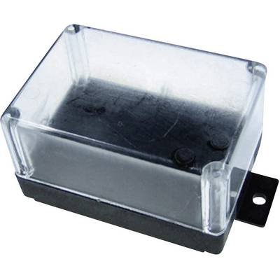 Rectangular, transparent plastic enclosure with a black base, suitable for electronic components or circuit boards.