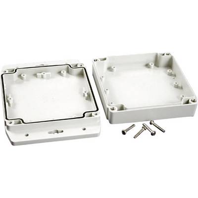 Two-part, white plastic enclosure with a removable lid, shown alongside four screws. Suitable for electronic equipment housing.