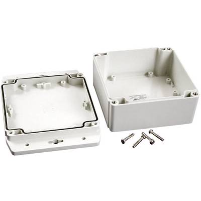 White plastic junction box, opened, with removable cover and four adjacent screws. Suitable for electrical installations.