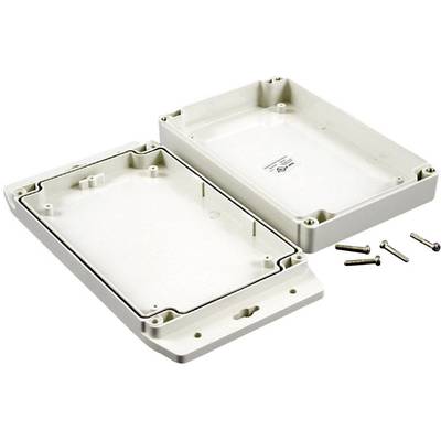 White rectangular plastic enclosure in two parts with removable cover and four screws, suitable for electronic or cable housing.