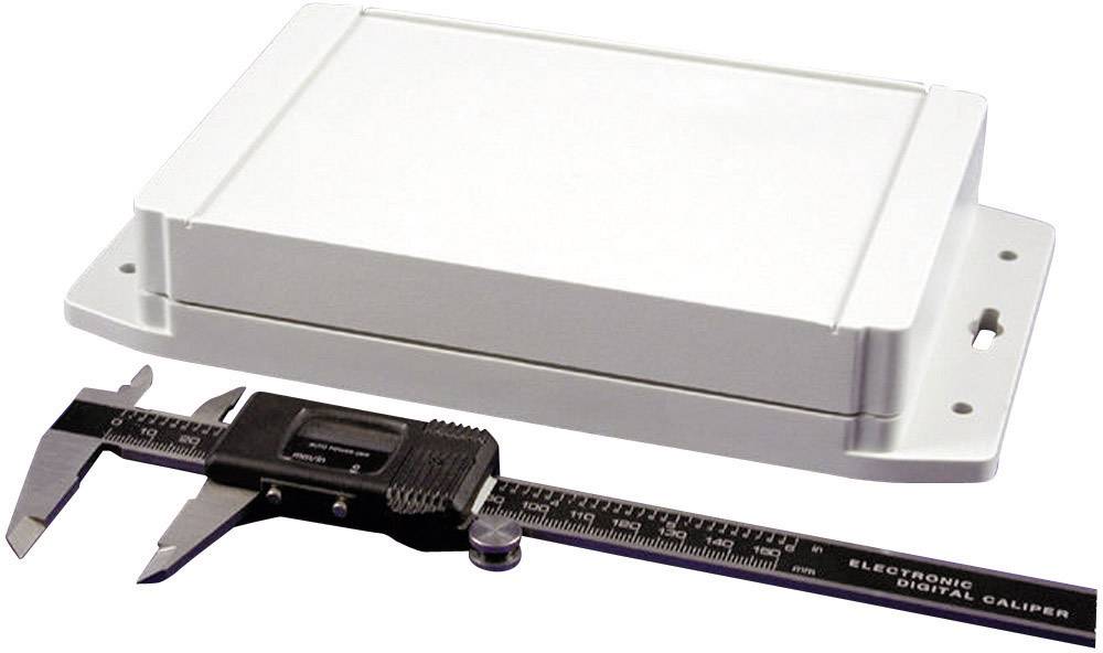 A flat, rectangular white plastic container, with a black digital calliper positioned beside it for size reference.