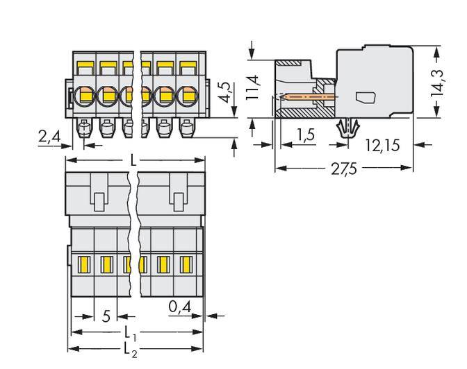 Technical drawing of an electrical connector with dimensions; shows width, height, and depth of individual components with numbers and lines.