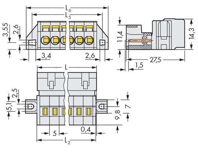 Technical drawing of an electrical connector with dimensions in millimetres. Shows front, side, and top views.