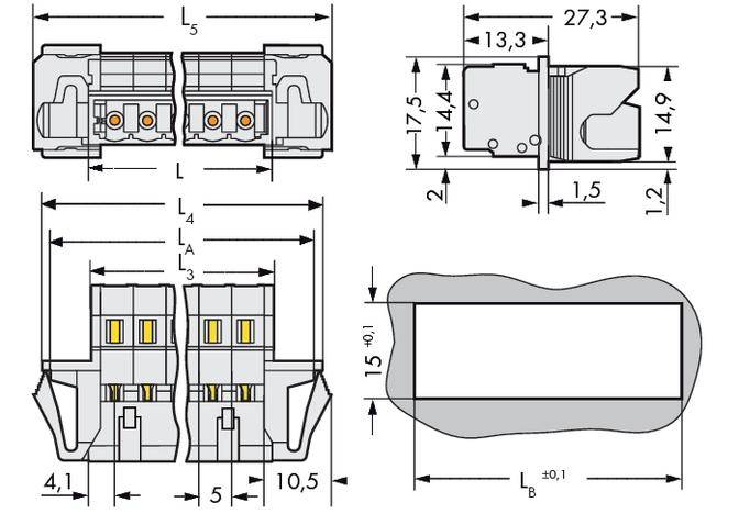 Technical drawing of an electrical component with dimensions in millimetres. Shows front, side, and top views of the component.