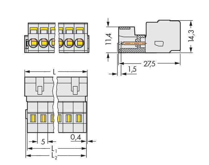 Technical drawing of a connector with dimensions: 11.4 x 14.3 x 27.5 mm. Detailed cross-section view in the top right.