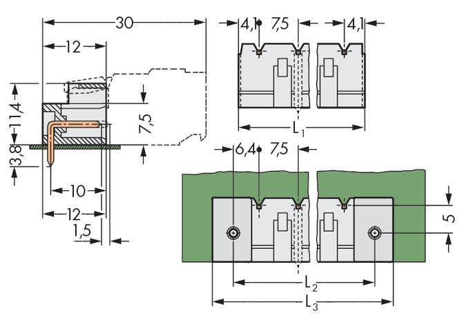 Technical drawing of a cross-section and front view of a component with precise dimensional specifications in millimetres. Construction details are illustrated.