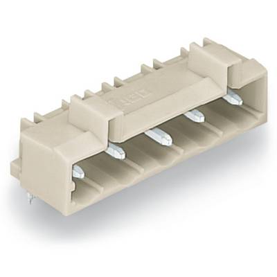 Grey electronic connector with six-pole socket slots and mounting lugs, suitable for PCB mounting.