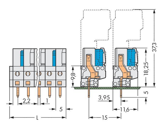 Technical drawing of an electronic connector with dimensions in millimetres. Shows side and rear view of the plug.