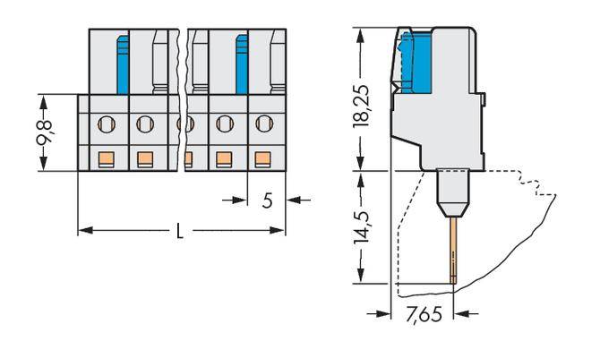 A technical drawing shows an electrical connector with dimensions: height 18.25 mm, width 9.8 mm, and depth 7.65 mm.