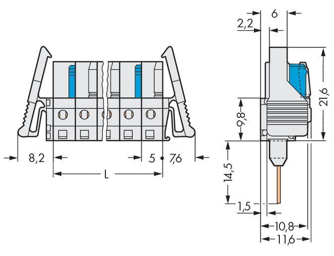 Technical drawing of a connector with dimensions in millimetres. Shows front and side view with detailed measurements.