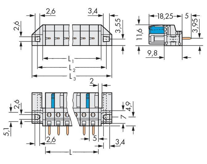 Technical drawing of an electrical connector with various dimensions. Side and front views show detailed measurement specifications.