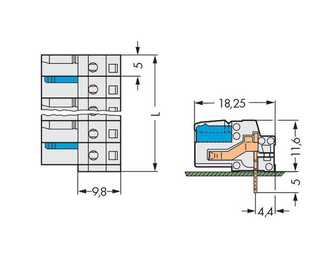 Technical drawing of an electrical connector with dimensions: 9.8 mm width, 18.25 mm length, 11.6 mm height. Side and front view.