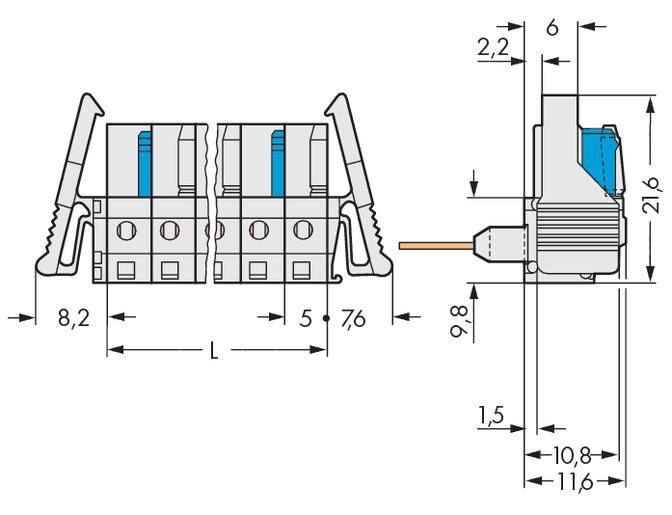 Technical drawing of an electrical connector with dimensions. Labelled with measurements in millimetres for installation.