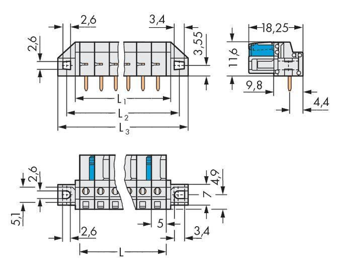 Technical drawing of a connector with dimensions in millimetres. Shows top view and side views with detailed measurements.