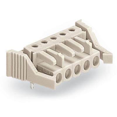 'Grey-beige connector with five inlet openings and side retention devices, suitable for electrical connections.'