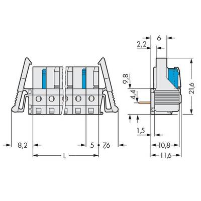 Drawing of a two-pole electrical connector with dimensions in millimetres. Shows front and side view.