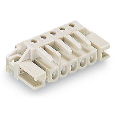 White, rectangular electrical connector with six openings, suitable for connecting cables in electrical installations.