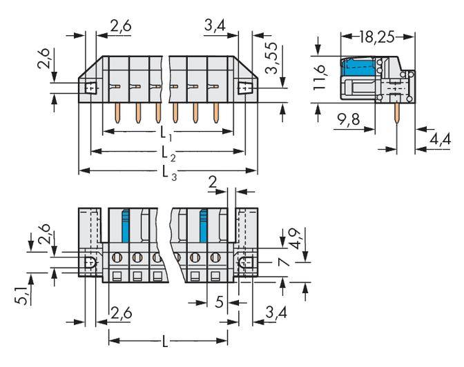 Technical drawing of an electronic component with dimensions in millimetres. There are top, front, and side views.