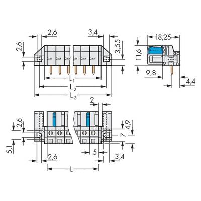 Technical drawing of an electronic component with dimensions in millimetres. There are top, front, and side views.