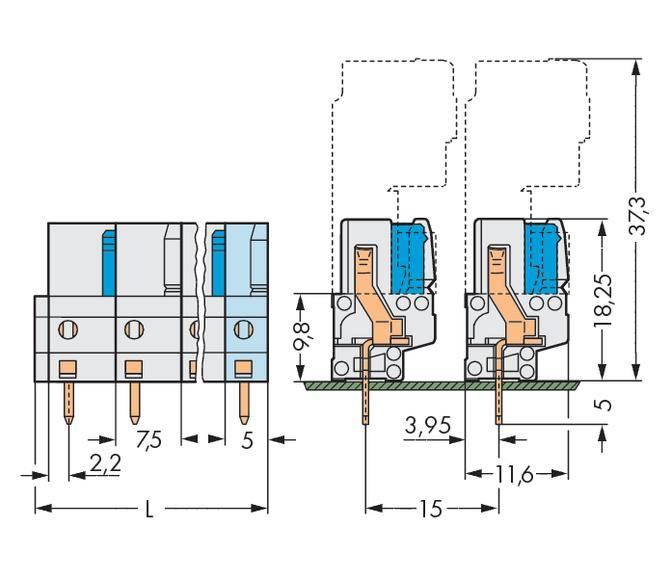 Technical drawing of two relays with dimensions in millimetres. Shows detailed views and cross-section with soldering pins.
