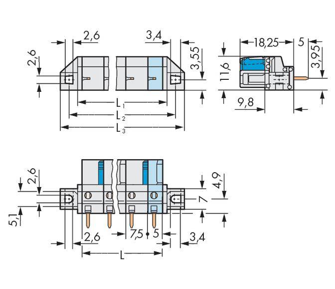 Technical drawing of electrical connectors with dimensions in millimetres. Shows various views and measurements.