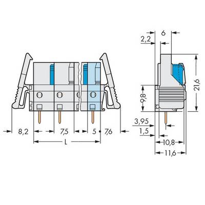 Mechanical drawing of an electrical connector with detailed dimensions in millimetres.