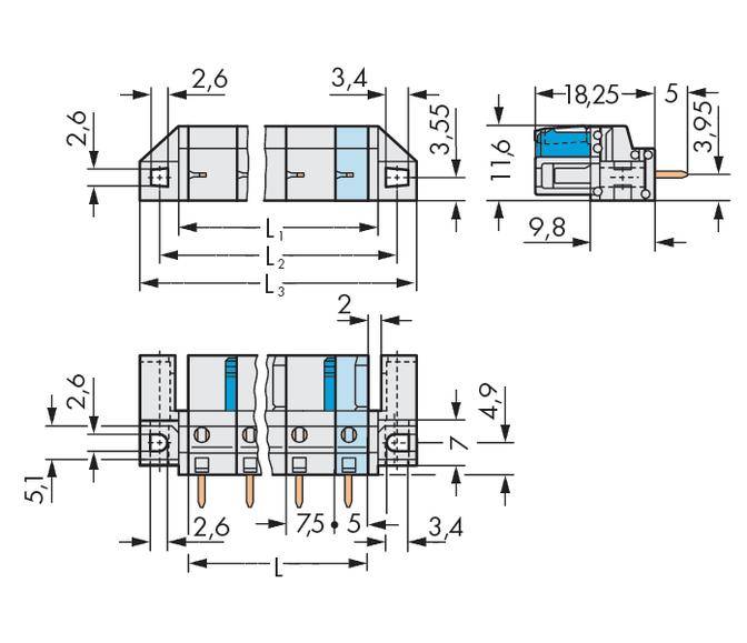 Technical drawing of an electronic component with specific dimensions in millimetres, detailed side and top views.