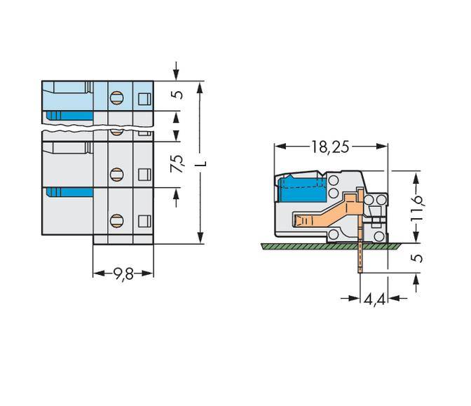Technical drawing of an electrical connector with dimensions: width 9.8 mm, overall length 75 mm, other dimensions marked.