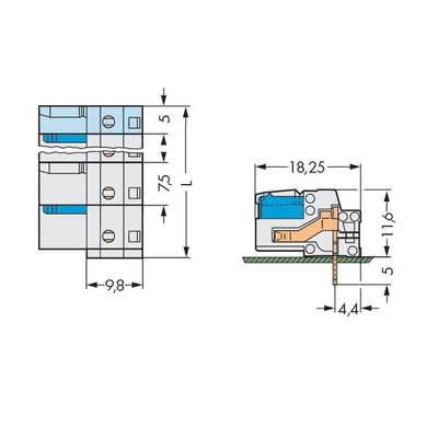 Technical drawing of an electrical connector with dimensions: width 9.8 mm, overall length 75 mm, other dimensions marked.