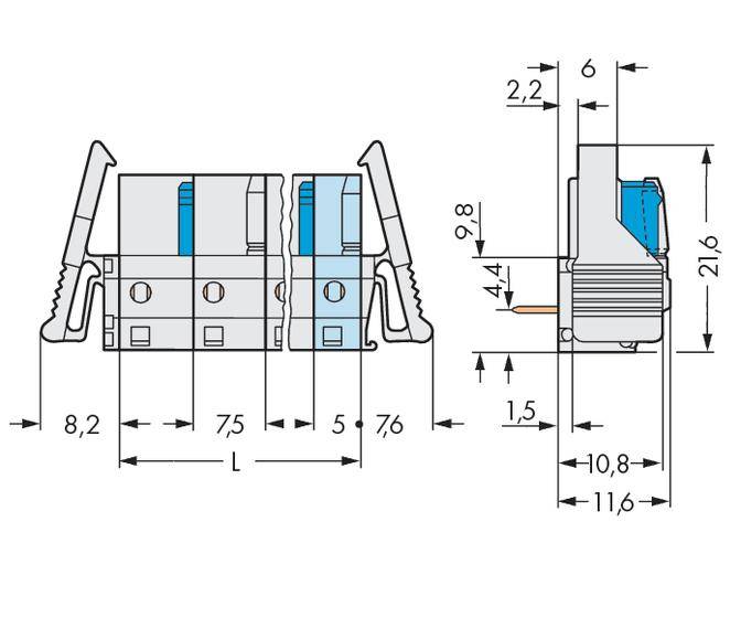 Technical drawing of an electrical connector with dimensions. Shows front and side view, detailed size specifications.