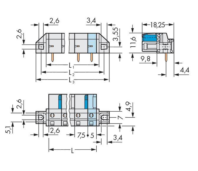 'Technical drawing of an electronic component with dimensions in millimetres. Top: 18.25 long, 9.8 high; Bottom: 7.5 wide, 4.9 high.'