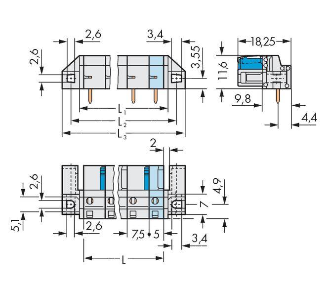 Technical drawing of an electronic component with precise dimensional specifications in millimetres, showing top view and side elevation.