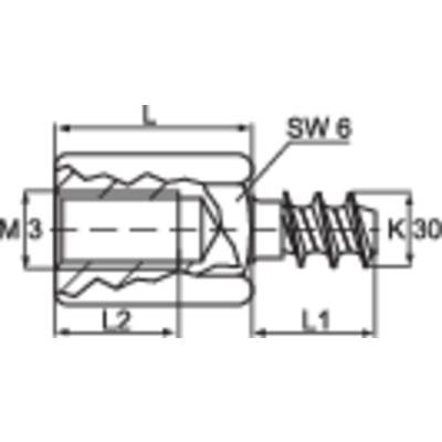 Technical drawing of a screw thread with dimensional specifications M3, across flats 6, K, L1, L2. Top view with cross-section and detailed view.