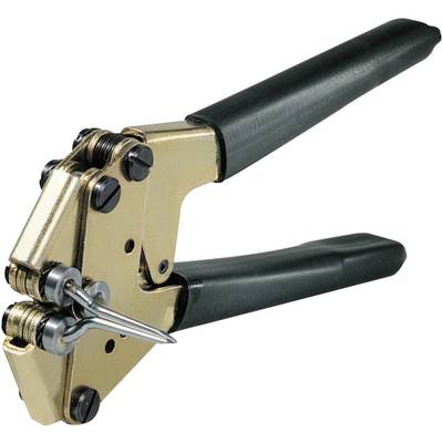 A golden binding machine with black handles for sealing metal straps in packaging technology.