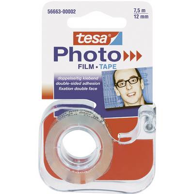 A roll of double-sided adhesive tape by 'tesa', 7.5 metres long, 12 mm wide, in packaging with a face printed on it.