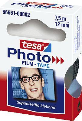 Packaging for a Tesa PhotoTape roll, 7.5m x 12mm, with an image of a smiling man and text 'double-sided adhesive'.