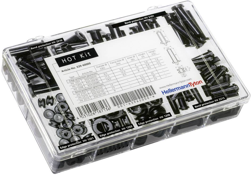 'Plastic parts assortment in a transparent box with 'HOT Kit' label. Contains various fastening elements and size specifications.'