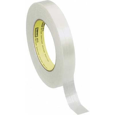 A roll of transparent adhesive tape with a yellow inner label lies on a white background.