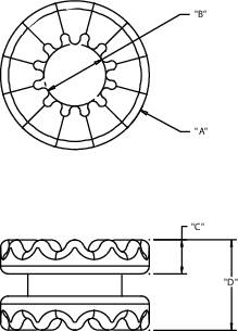 Drawing of a component with two marked points: 'A' points to the outer ring, 'B' to the inner circle. Side view shows dimensions: 'C' for height, 'D' for distances.