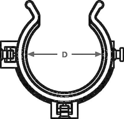 Technical drawing of a circular bracket with dimension 'D' in diameter. Screws on both sides for fastening.