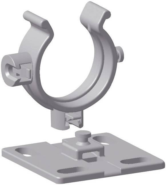 Grey, metallic pipe clip with a square base, suitable for securing pipes or cables to surfaces.