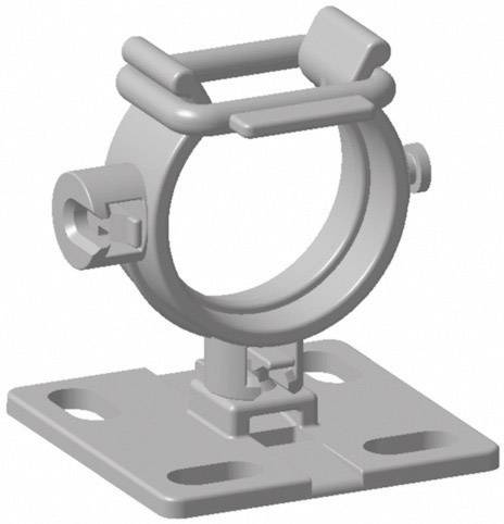 Grey plastic clamp on a square base with two screw holes for fixing, used for pipe mounting.